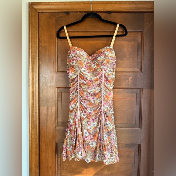 Fashion Nova Marilynne Mesh Ruched Mini Dress - Mustard Floral - Picture 3 of 6